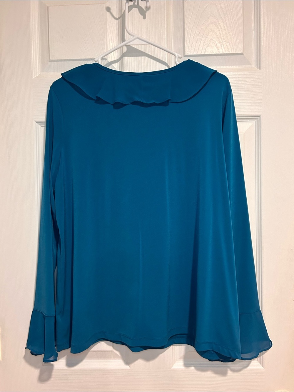 Susan Graver Teal V-Neck Ruffle Front Long Sleeve Blouse - Picture 7 of 7